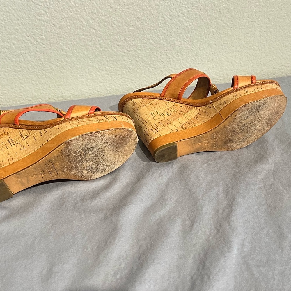 Coach Tan and Orange Leather Tassel Wedge Sandals - Picture 6 of 16